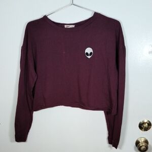 French Pastry Embroidered Long Sleeved Crop Top with Raw Hem. Size Medium